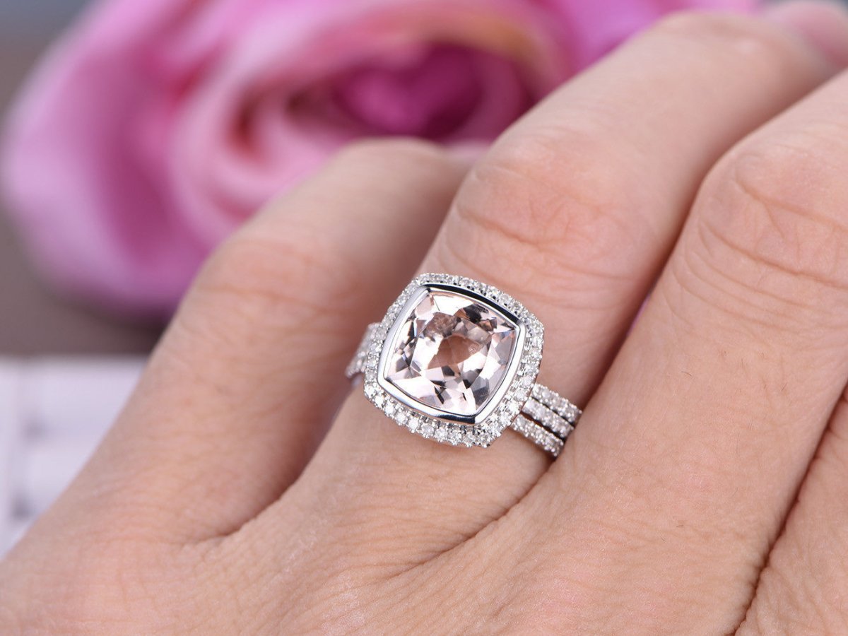 Bezel-Set Cushion Morganite Diamond Bridal Trio Set 14K White Gold - Lord of Gem Rings