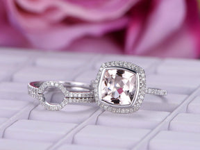 Bezel-Set Cushion Morganite Diamond Bridal Trio Set 14K White Gold - Lord of Gem Rings