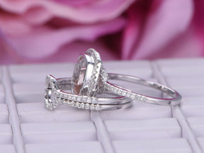 Bezel-Set Cushion Morganite Diamond Bridal Trio Set 14K White Gold - Lord of Gem Rings