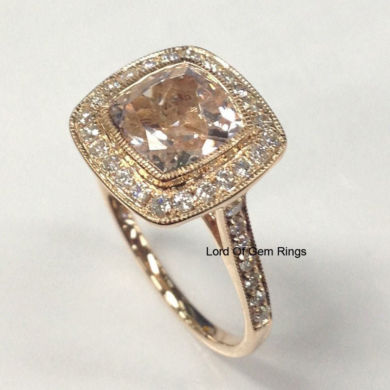 Bezel Set Cushion Morganite Ring Diamond Milgrain Halo 14K Rose Gold - Lord of Gem Rings