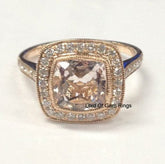 Bezel Set Cushion Morganite Ring Diamond Milgrain Halo 14K Rose Gold - Lord of Gem Rings
