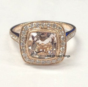 Bezel Set Cushion Morganite Ring Diamond Milgrain Halo 14K Rose Gold - Lord of Gem Rings