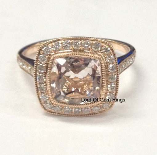 Bezel Set Cushion Morganite Ring Diamond Milgrain Halo 14K Rose Gold - Lord of Gem Rings