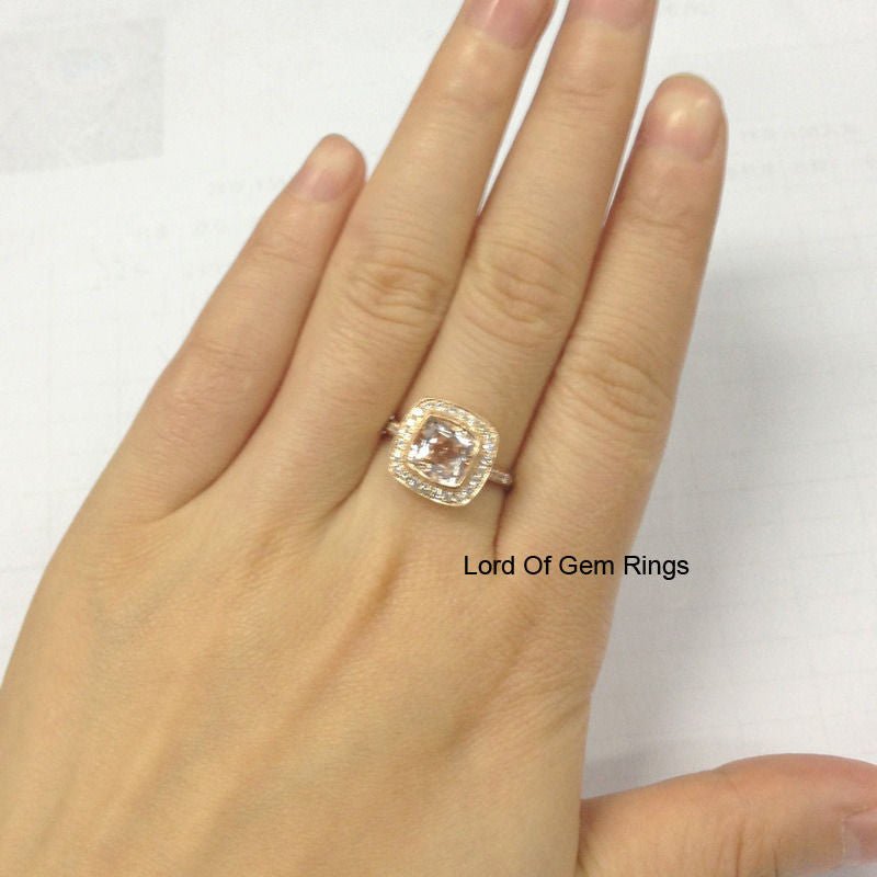 Bezel Set Cushion Morganite Ring Diamond Milgrain Halo 14K Rose Gold - Lord of Gem Rings