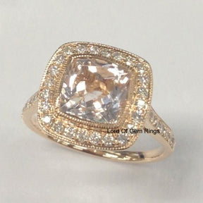Bezel Set Cushion Morganite Ring Diamond Milgrain Halo 14K Rose Gold - Lord of Gem Rings