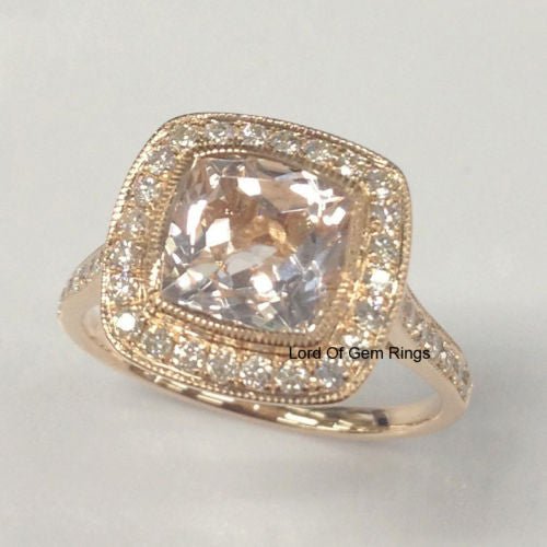 Bezel Set Cushion Morganite Ring Diamond Milgrain Halo 14K Rose Gold - Lord of Gem Rings