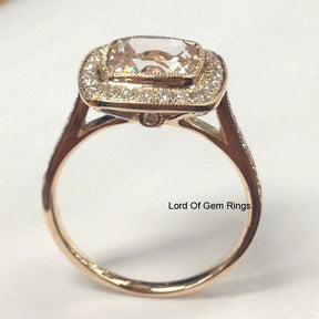 Bezel Set Cushion Morganite Ring Diamond Milgrain Halo 14K Rose Gold - Lord of Gem Rings