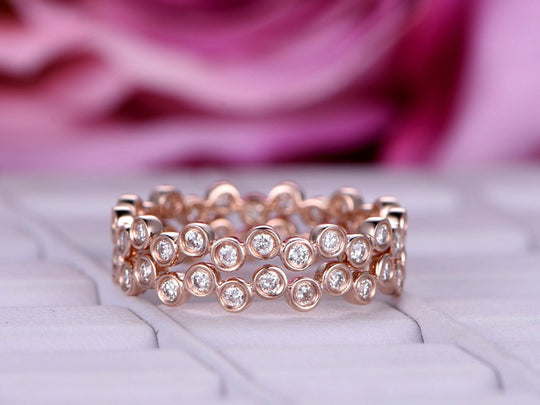 Bezel-set Diamond Bubble Eternity Wedding Band Set 14K Rose Gold