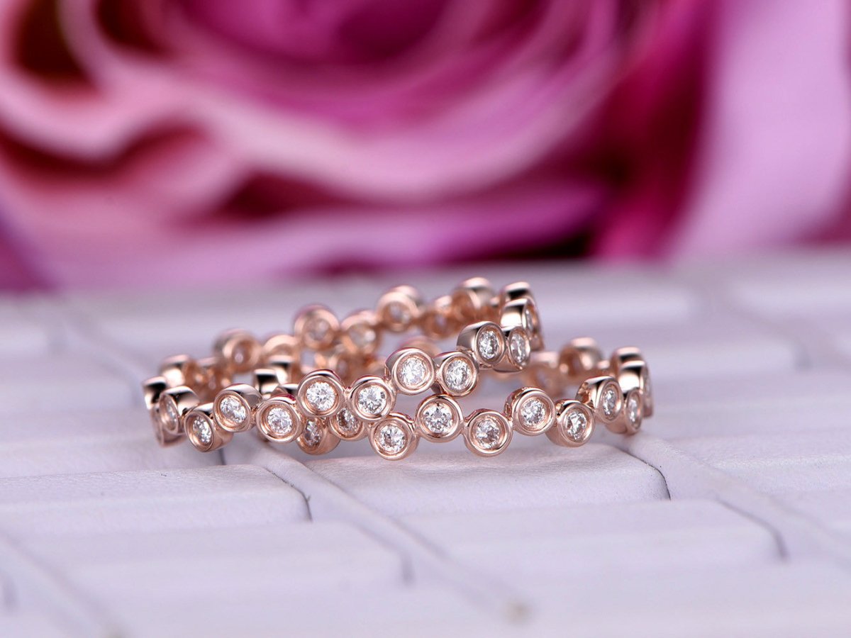 Bezel-set Diamond Bubble Eternity Wedding Band Set 14K Rose Gold - Lord of Gem Rings