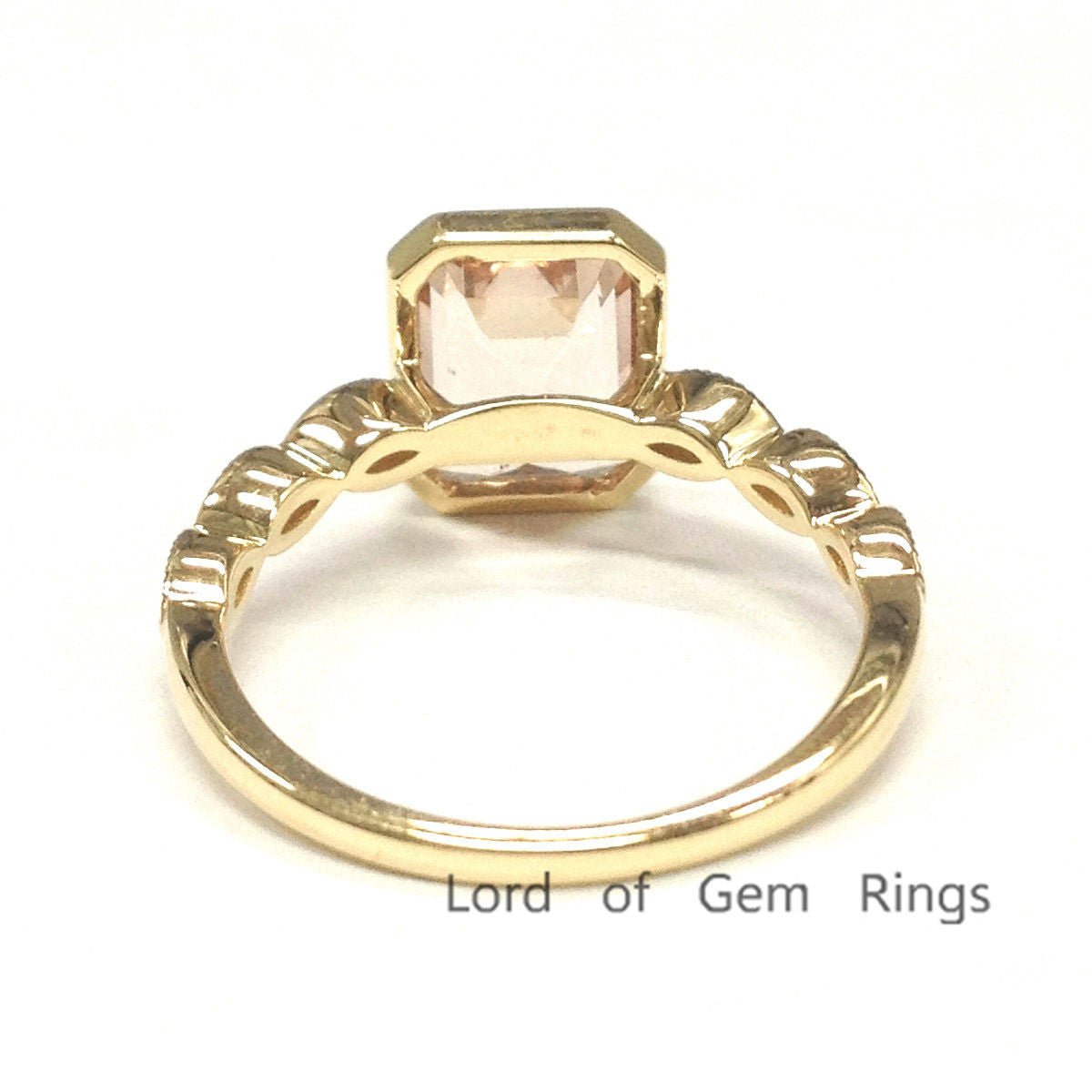 Bezel Set Emerald Cut Morganite Diamond Art Deco Ring 14K Yellow Gold - Lord of Gem Rings