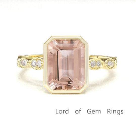 Bezel Set Emerald Cut Morganite Diamond Art Deco Ring 14K Yellow Gold