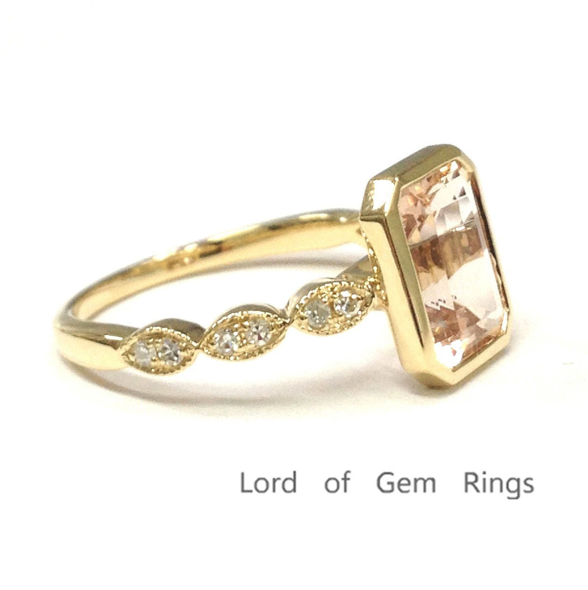 Bezel Set Emerald Cut Morganite Diamond Art Deco Ring 14K Yellow Gold - Lord of Gem Rings