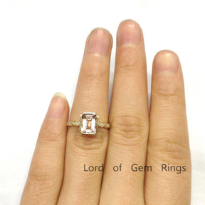 Bezel Set Emerald Cut Morganite Diamond Art Deco Ring 14K Yellow Gold - Lord of Gem Rings