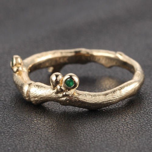 Bezel-Set Emerald Hand Crafted Twig May Birthstone Ring - Lord of Gem Rings
