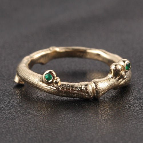 Bezel-Set Emerald Hand Crafted Twig May Birthstone Ring - Lord of Gem Rings