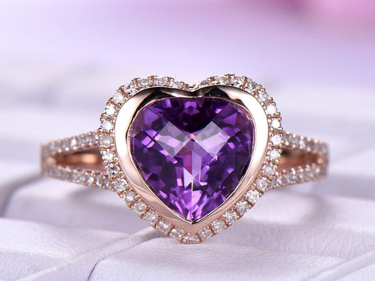 Bezel-Set Heart Amethyst Diamond Halo Split Shank Ring 14k Rose Gold