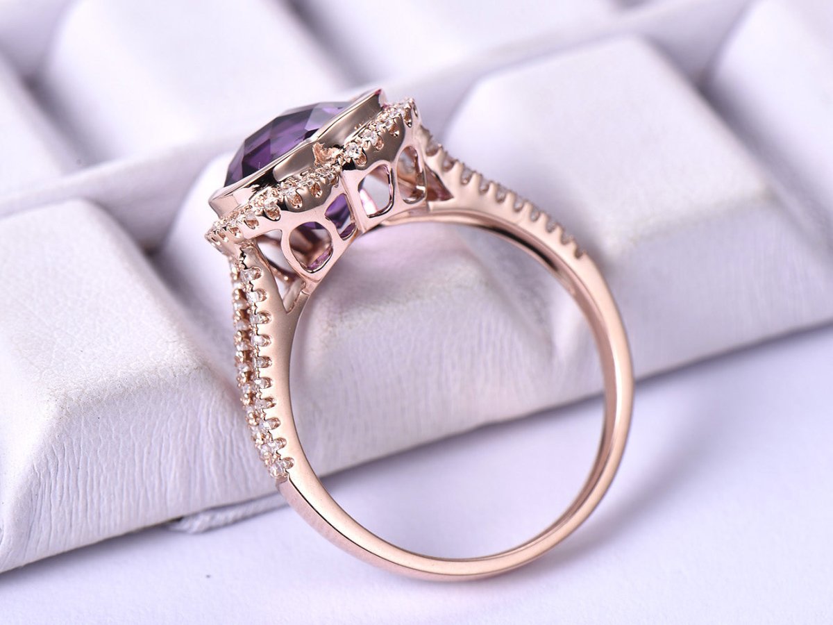 Bezel-Set Heart Amethyst Diamond Halo Split Shank Ring 14k Rose Gold - Lord of Gem Rings