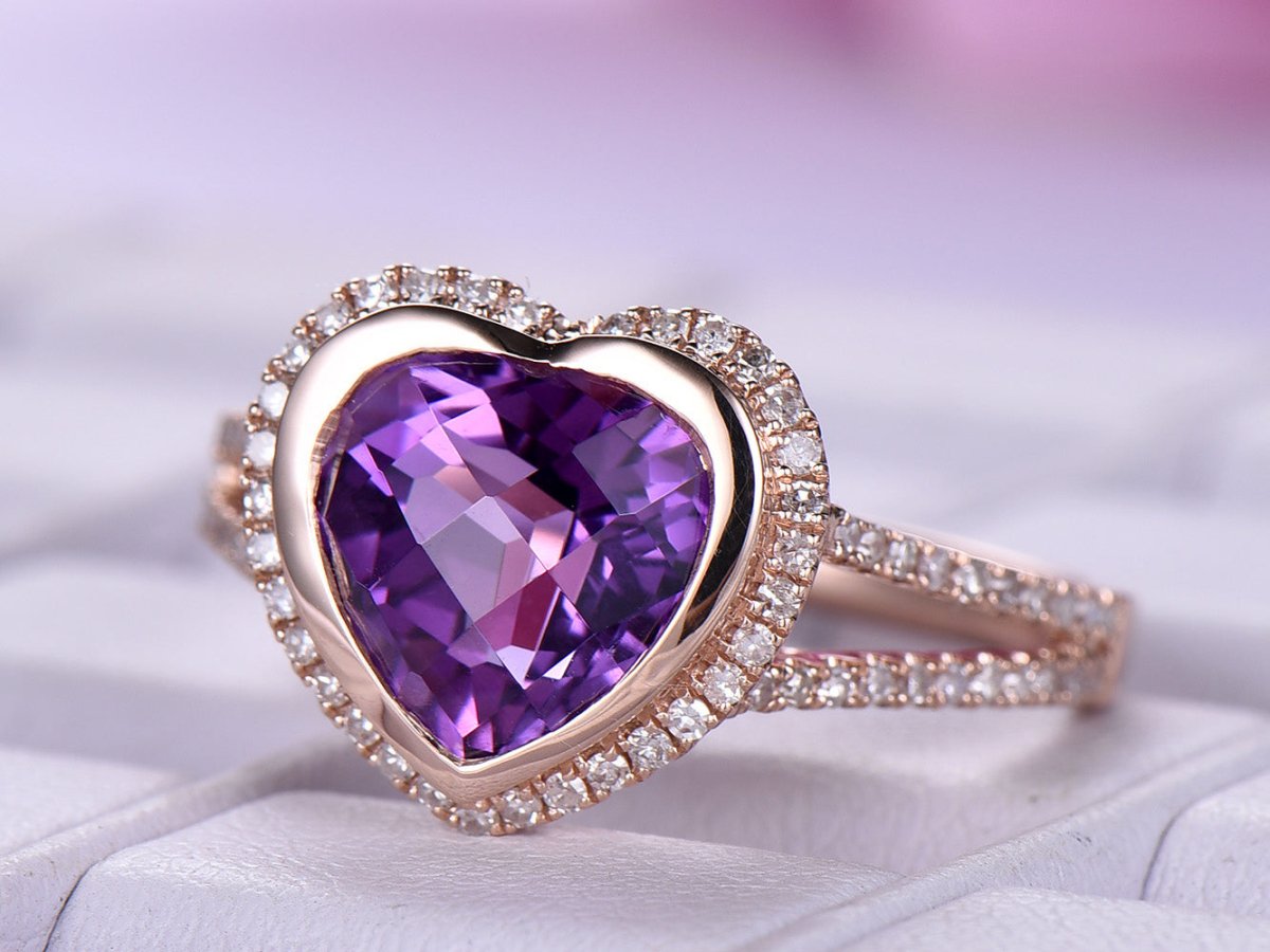 Bezel-Set Heart Amethyst Diamond Halo Split Shank Ring 14k Rose Gold - Lord of Gem Rings