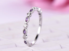 Bezel-Set Marquise Amethyst Diamond Half Eternity February Birthstone Band - Lord of Gem Rings