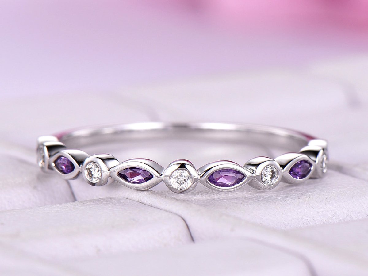 Bezel-Set Marquise Amethyst Diamond Half Eternity February Birthstone Band - Lord of Gem Rings