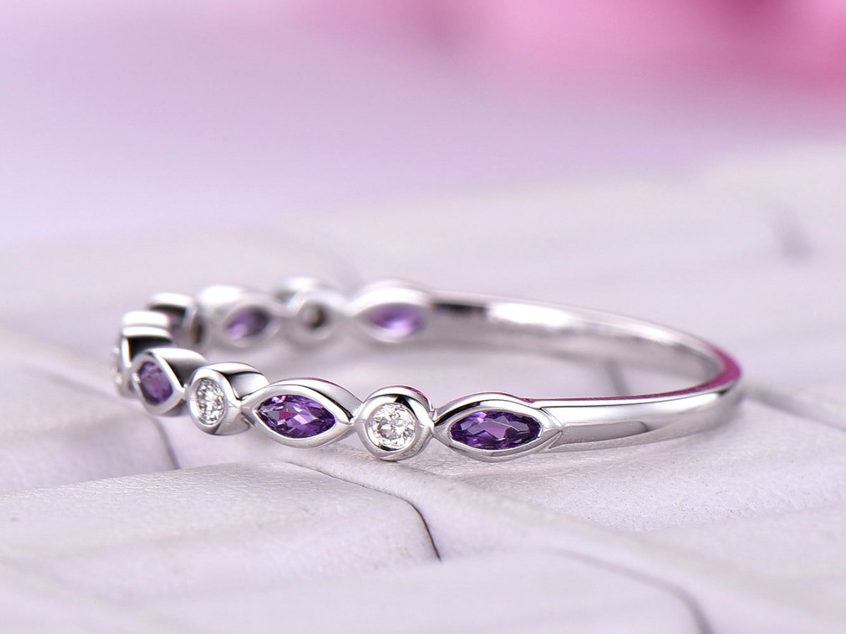 Bezel-Set Marquise Amethyst Diamond Half Eternity February Birthstone Band - Lord of Gem Rings