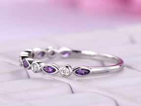 Bezel-Set Marquise Amethyst Diamond Half Eternity February Birthstone Band - Lord of Gem Rings