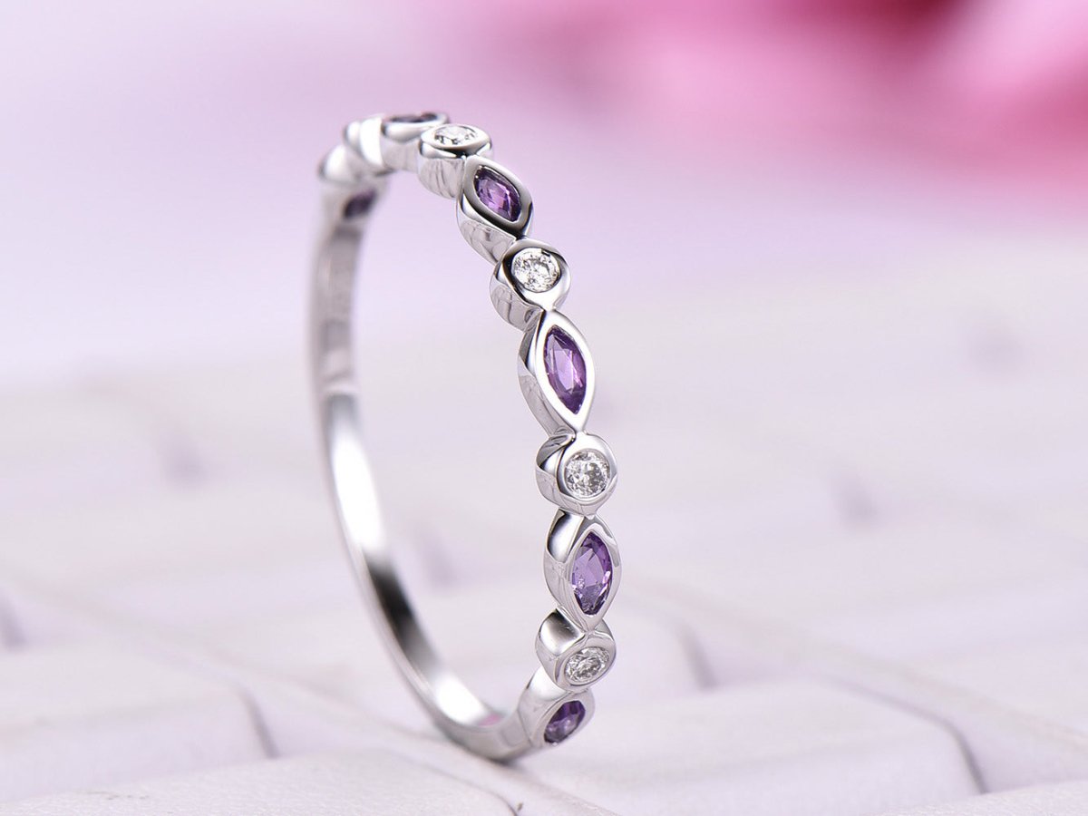 Bezel-Set Marquise Amethyst Diamond Half Eternity February Birthstone Band - Lord of Gem Rings