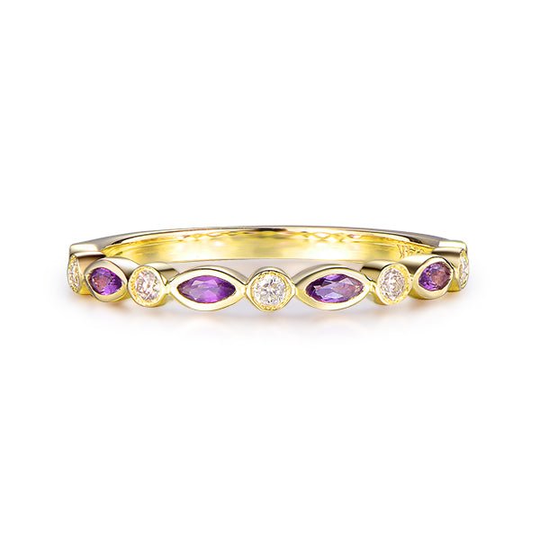 Bezel-Set Marquise Amethyst Diamond Half Eternity February Birthstone Band - Lord of Gem Rings