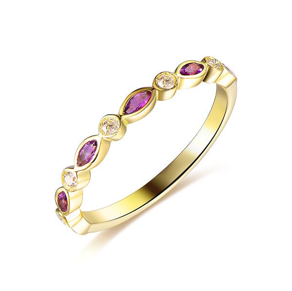 Bezel-Set Marquise Amethyst Diamond Half Eternity February Birthstone Band - Lord of Gem Rings