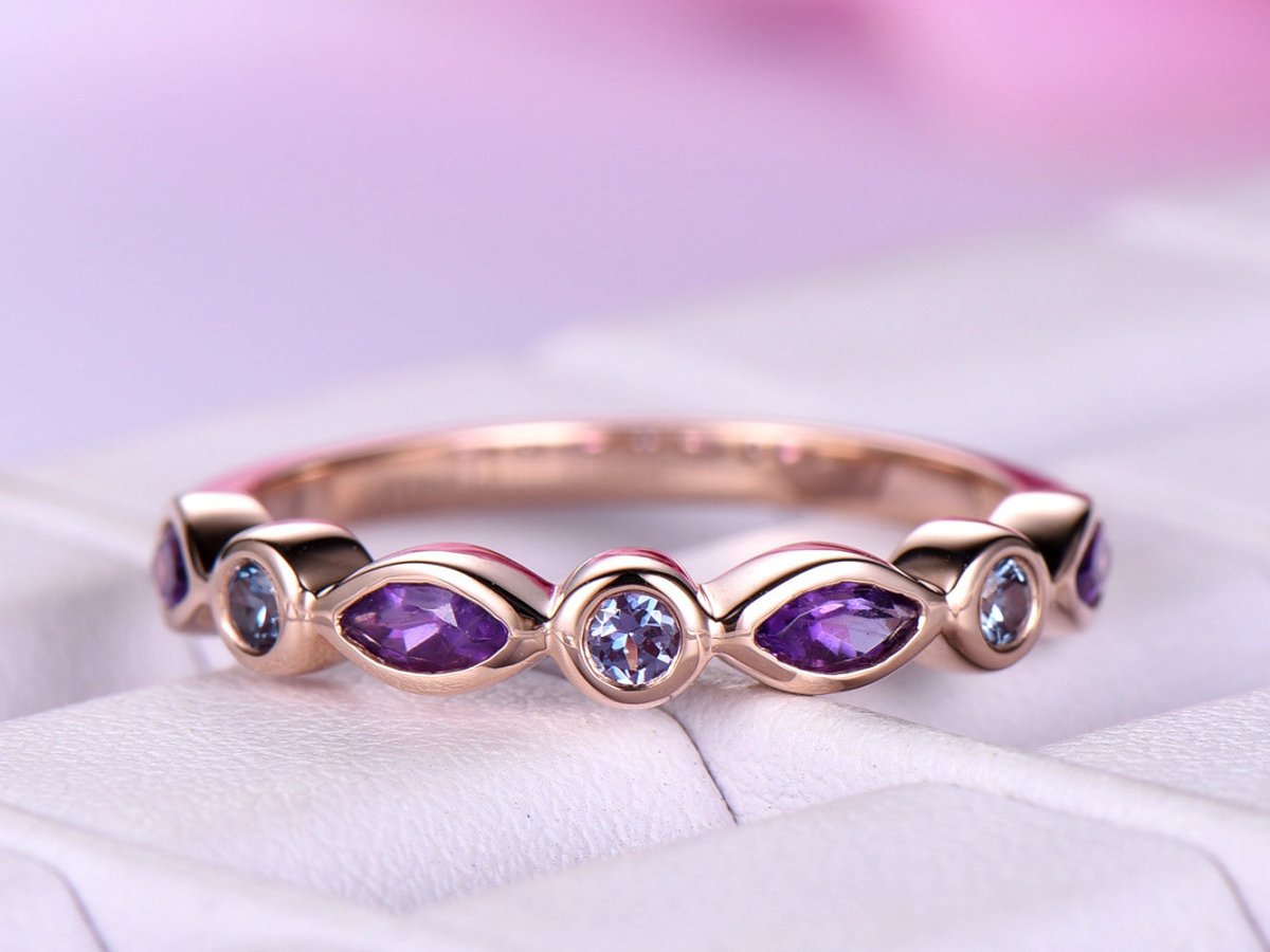 Bezel-Set Marquise Amethyst Round Alexandrite February June Birthstone Band - Lord of Gem Rings