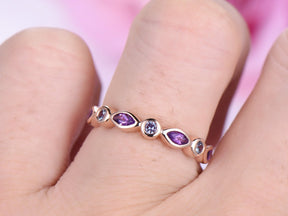 Bezel-Set Marquise Amethyst Round Alexandrite February June Birthstone Band - Lord of Gem Rings