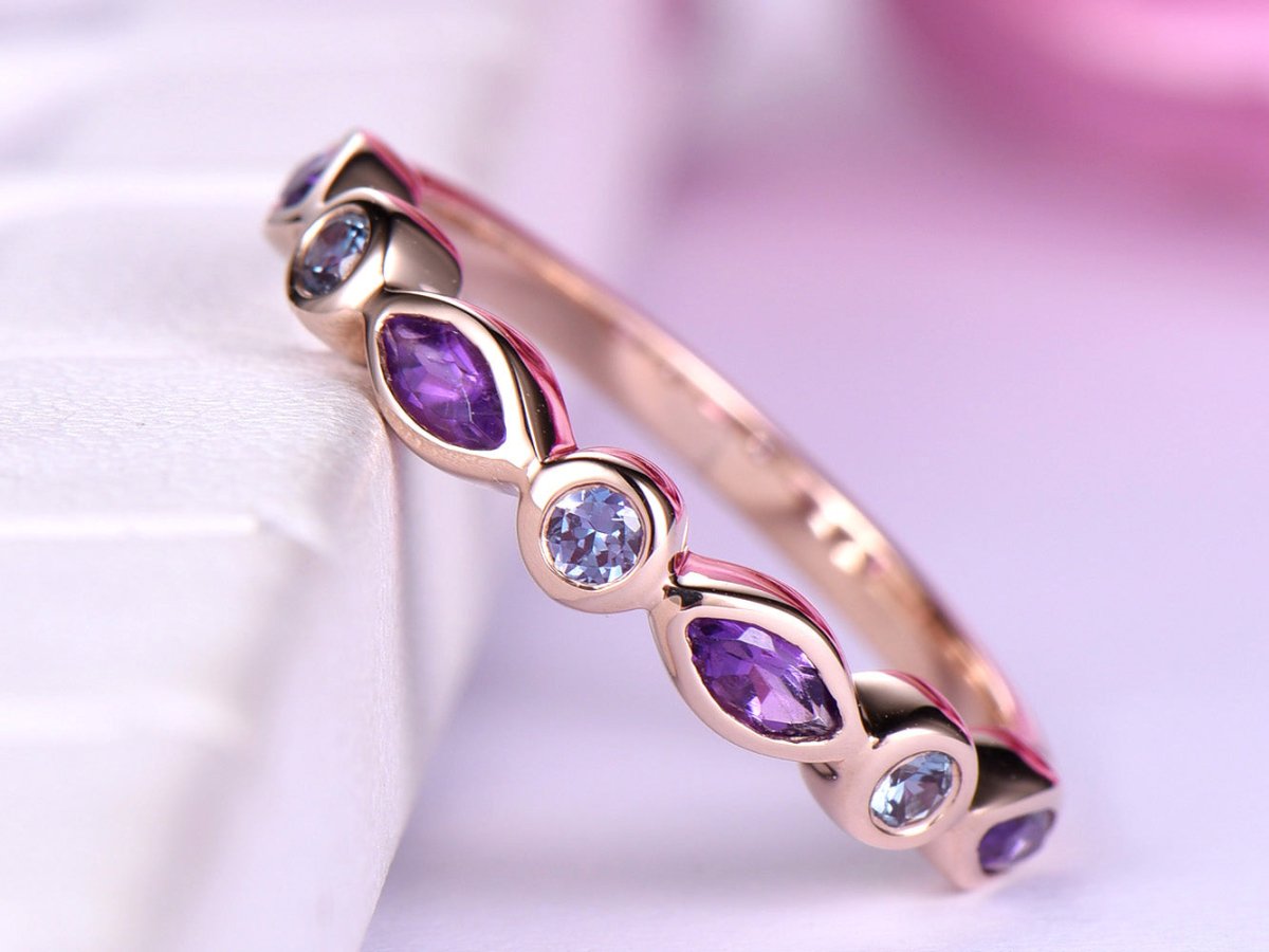 Bezel-Set Marquise Amethyst Round Alexandrite February June Birthstone Band - Lord of Gem Rings