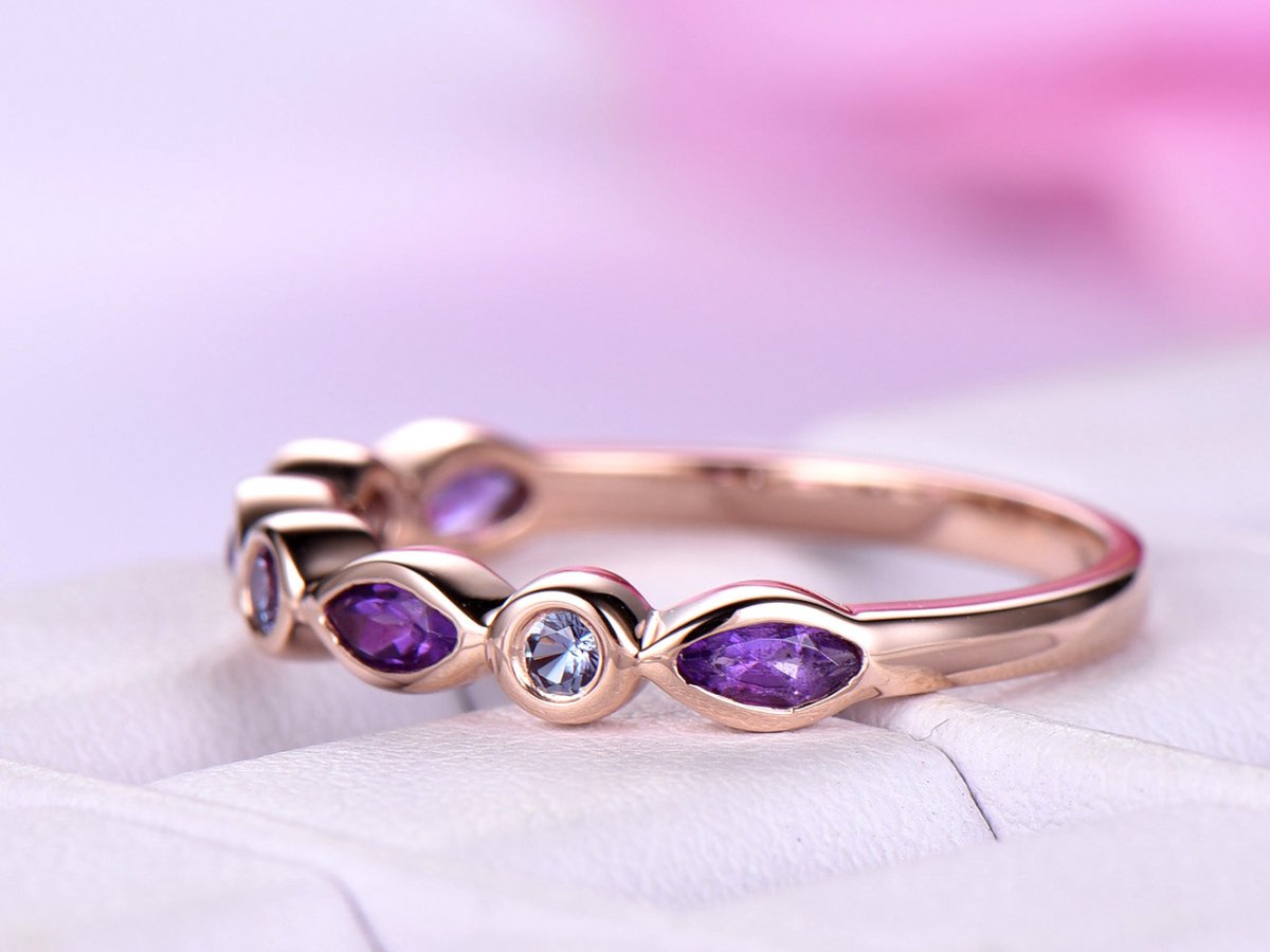 Bezel-Set Marquise Amethyst Round Alexandrite February June Birthstone Band - Lord of Gem Rings