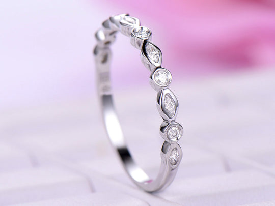 Bezel-Set Marquise and Round Diamond Wedding Band 14K White Gold