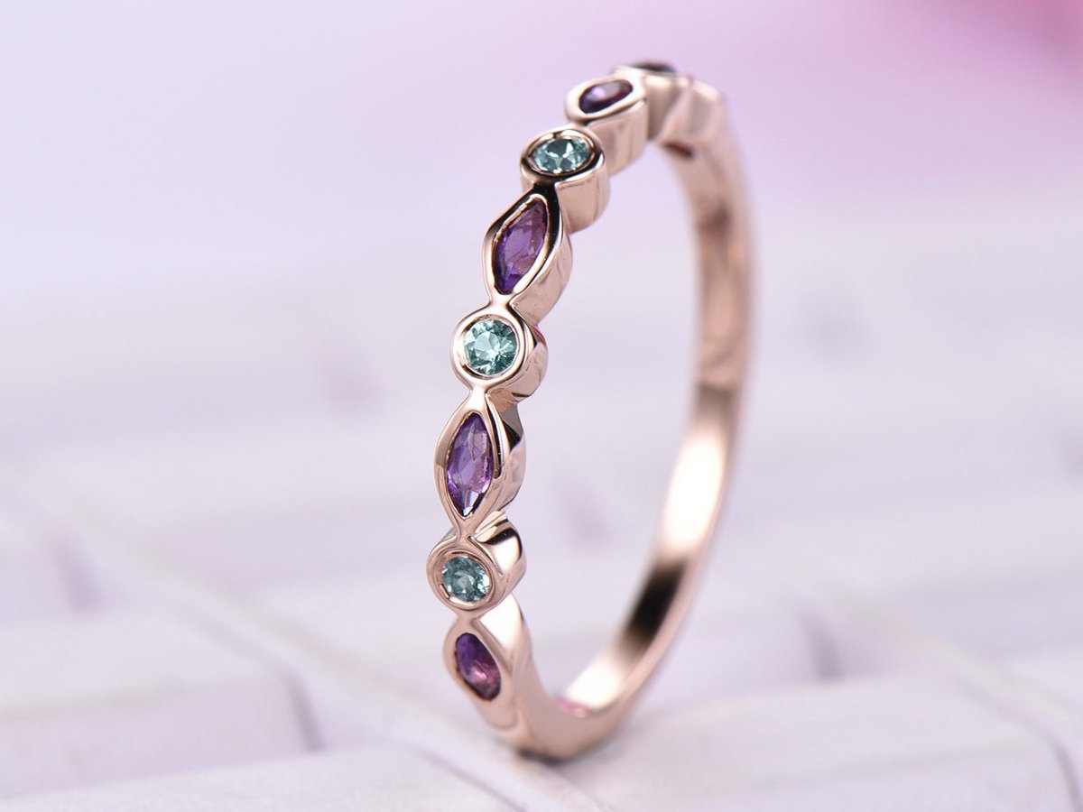 Bezel-Set Marquise Sapphire Round Alexandrite September Birthstone Band - Lord of Gem Rings