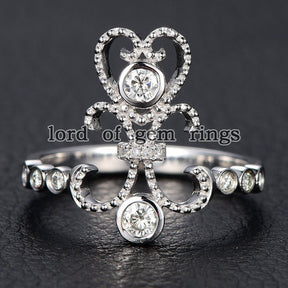 Bezel Set Moissanite Diamond Floral Heart Ring 14K White Gold - Lord of Gem Rings