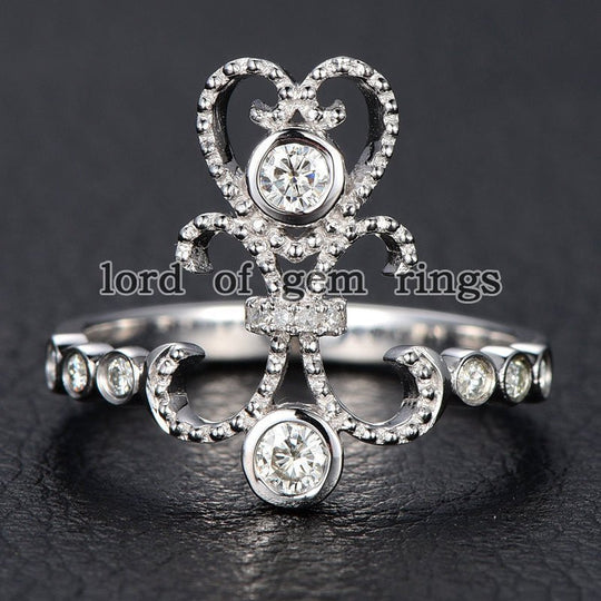 Bezel Set Moissanite Diamond Floral Heart Ring 14K White Gold