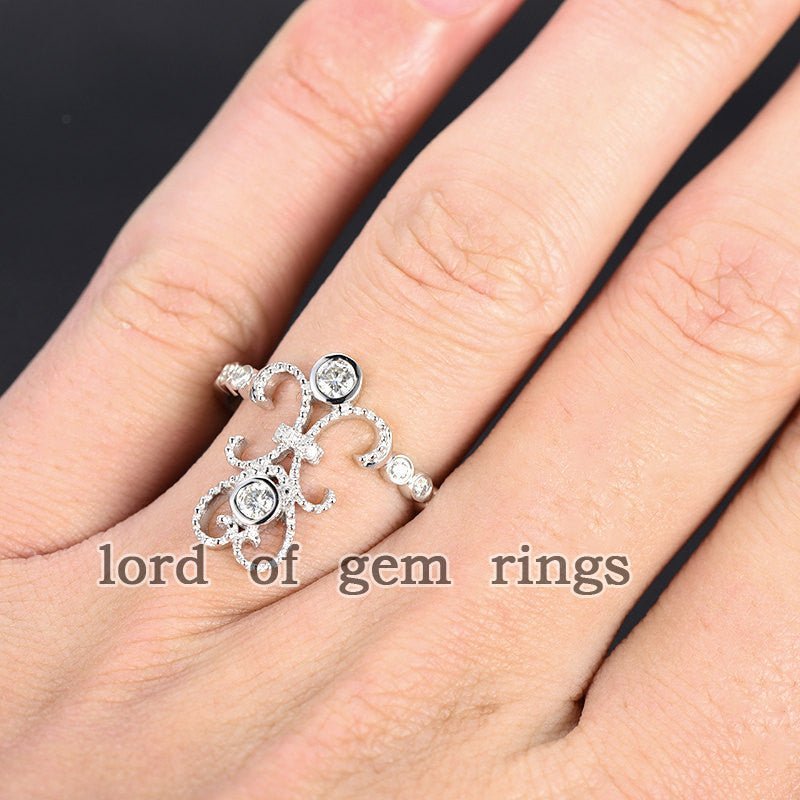 Bezel Set Moissanite Diamond Floral Heart Ring 14K White Gold - Lord of Gem Rings