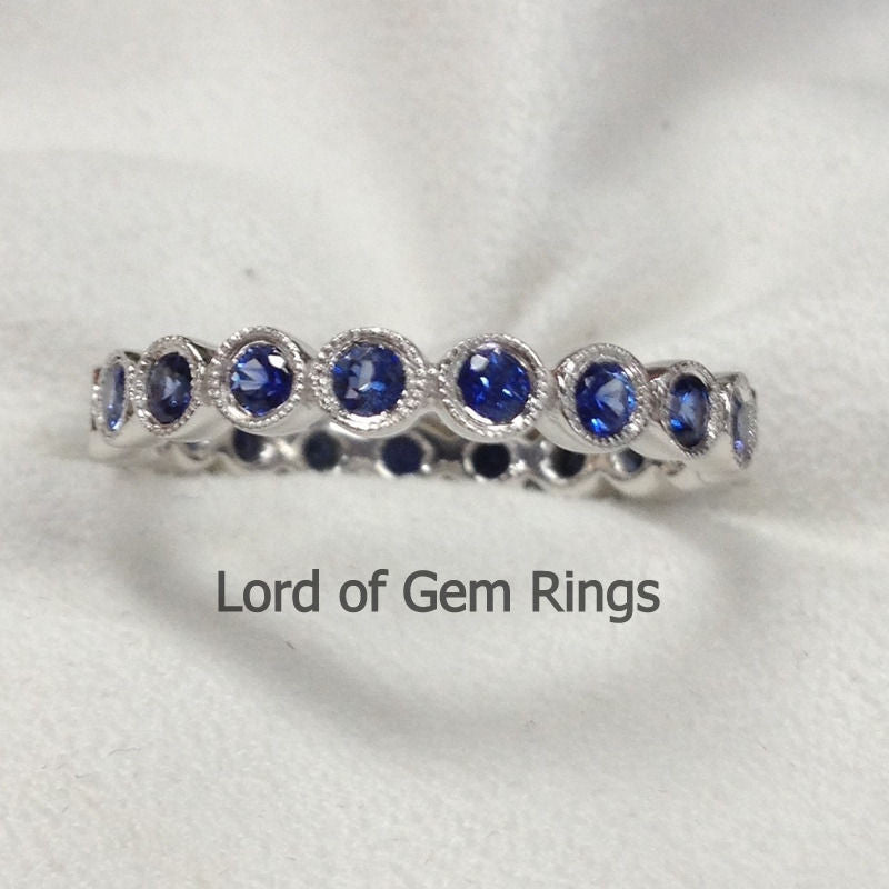 Bezel-Set Natural Blue Sapphires Milgrain Bubble September Birthstone Band - Lord of Gem Rings
