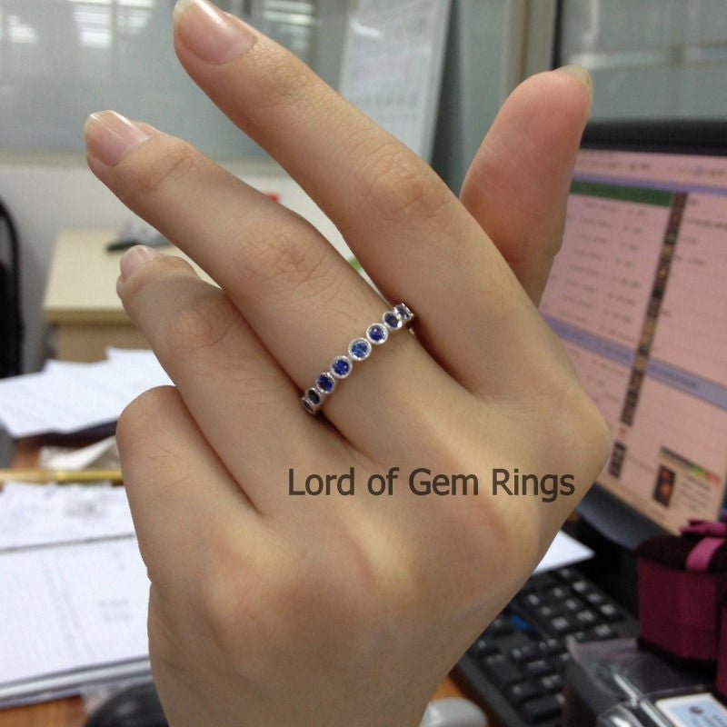 Bezel-Set Natural Blue Sapphires Milgrain Bubble September Birthstone Band - Lord of Gem Rings