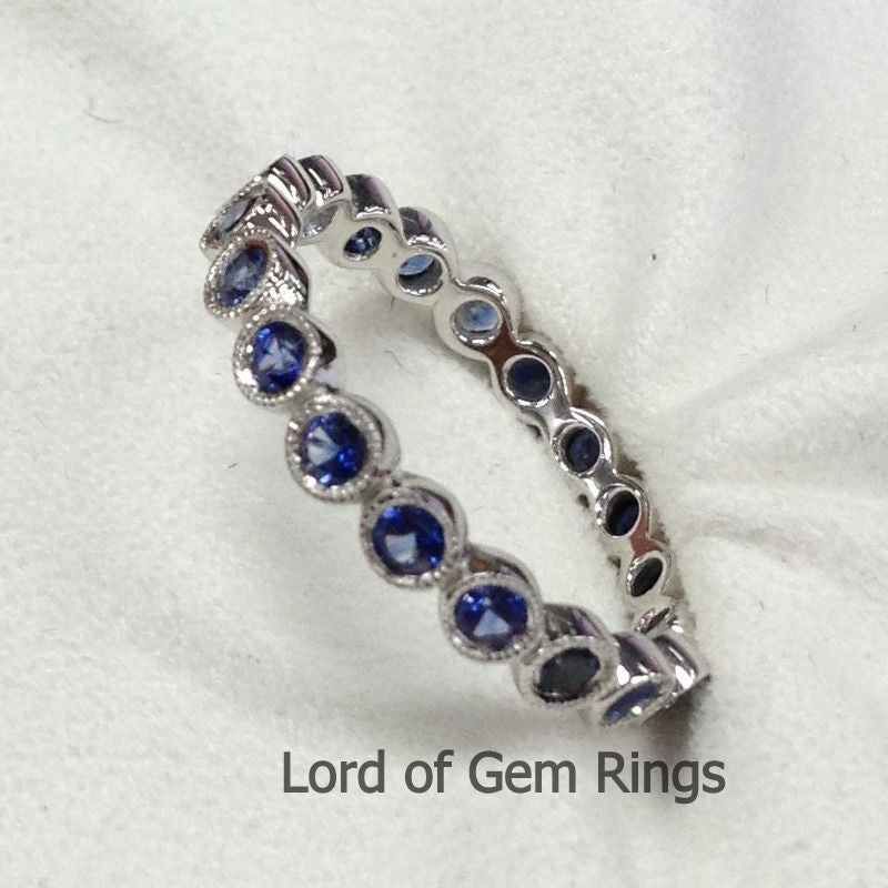 Bezel-Set Natural Blue Sapphires Milgrain Bubble September Birthstone Band - Lord of Gem Rings