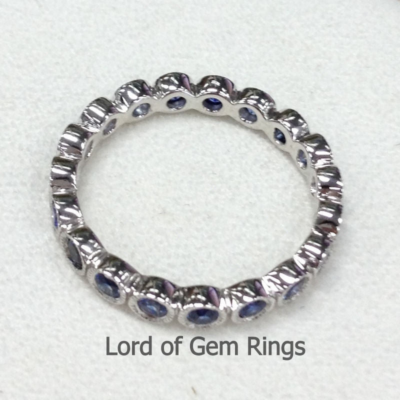 Bezel-Set Natural Blue Sapphires Milgrain Bubble September Birthstone Band - Lord of Gem Rings