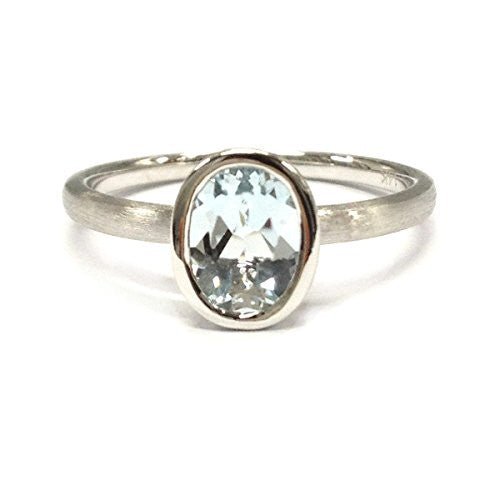 Bezel-Set Oval Aquamarine Satin Finish Solitaire Ring 14k White Gold