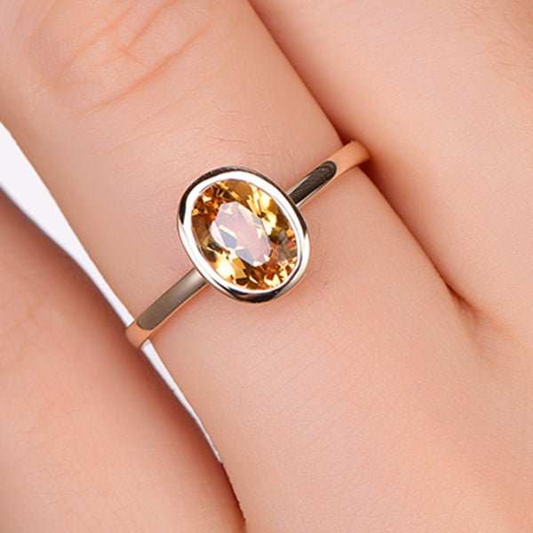 Bezel Set Oval Citrine Solitaire Ring 14K Yellow Gold - Lord of Gem Rings