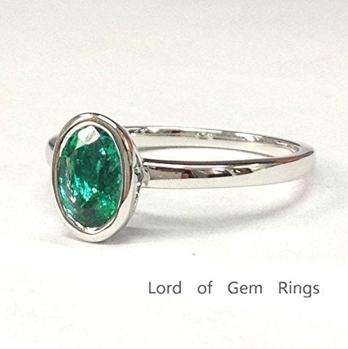 Bezel-Set Oval Emerald Solitaire Ring 14K White Gold - Lord of Gem Rings