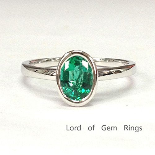 Bezel-Set Oval Emerald Solitaire Ring 14K White Gold - Lord of Gem Rings