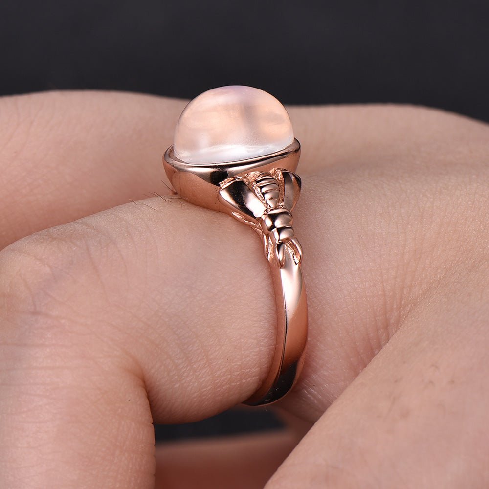 Bezel-Set Oval Moonstone Solitaire Bow Ring 14k Rose Gold - Lord of Gem Rings