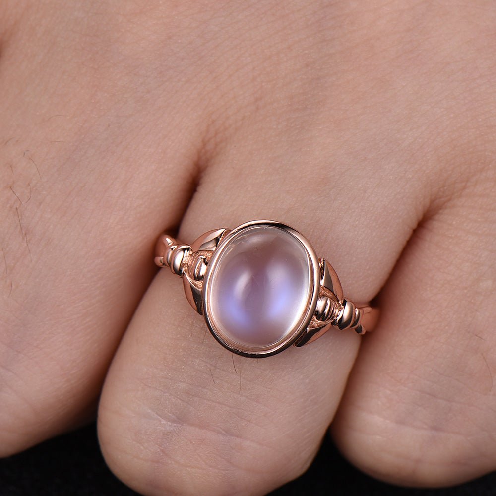 Bezel-Set Oval Moonstone Solitaire Bow Ring 14k Rose Gold - Lord of Gem Rings