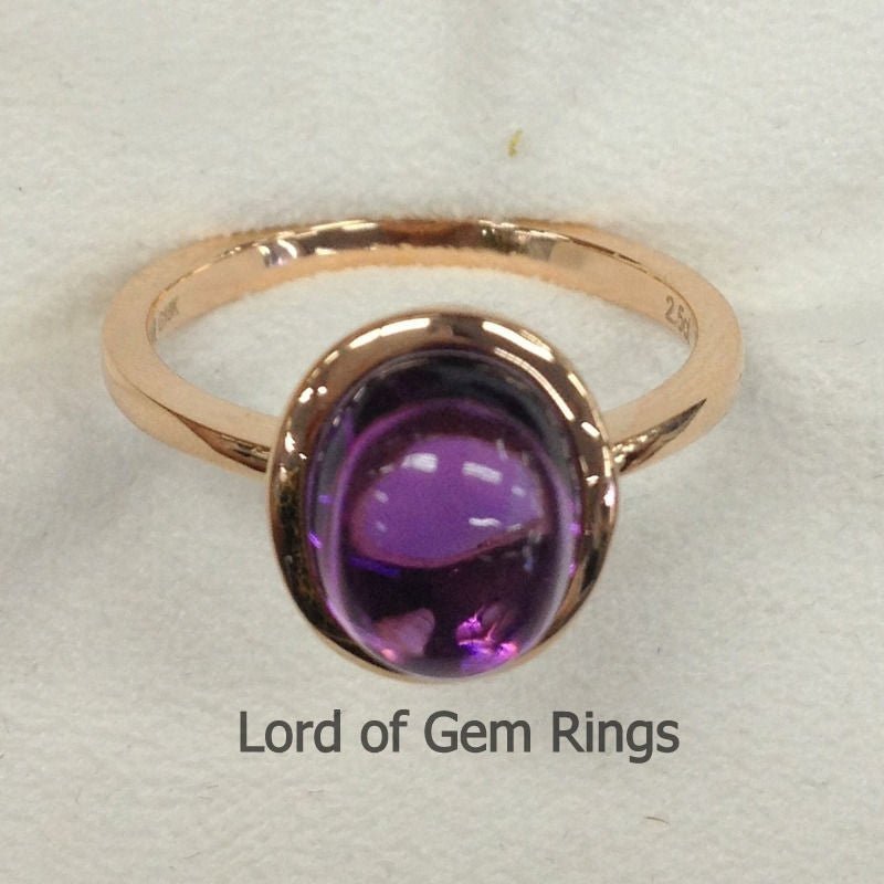 Bezel-Set Oval Purple Amethyst Solitaire Ring 14K Rose Gold - Lord of Gem Rings