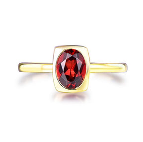 Bezel-Set Oval Red Garnet Solitaire Ring 14K Yellow Gold - Lord of Gem Rings